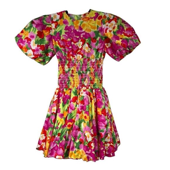 Zoe LTD Bright Floral Puff Sleeve Smocked Girls Dress Sz 8 100% Cotton
